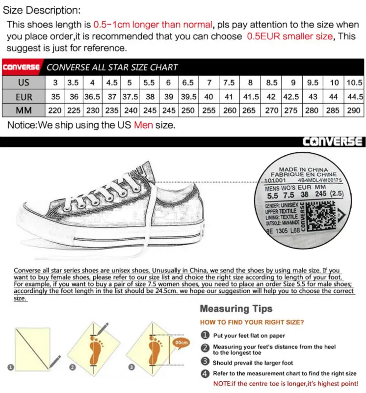 Size Chart Shoes Converse