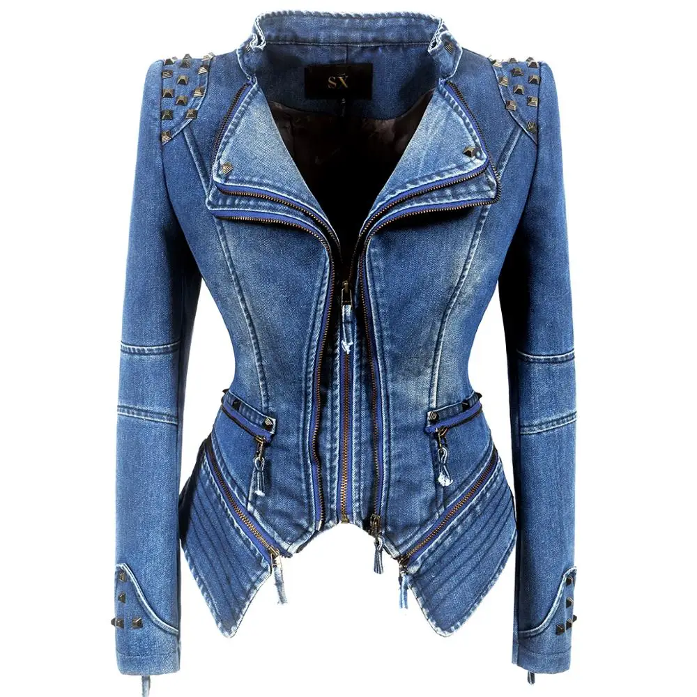 SX женская джинсовая короткая приталенная куртка с заклепками мотоциклетная