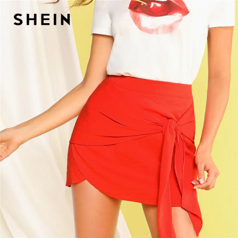 

SHEIN Solid Zip Back Wrap Knotted Mini Skirt Women Bright Orange Mid Waist Bodycon Skirt Summer Elegant Ladies Pencil Skirt