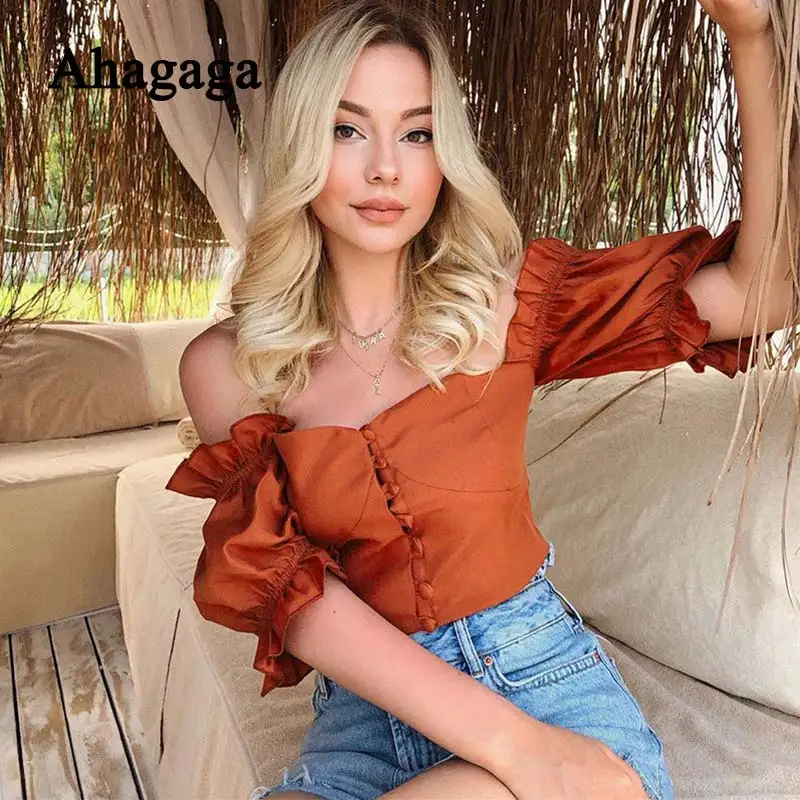 2019 Fashion Sexy T-shirt Women Solid Button Slash Neck Butterfly Sleeve Off the Shoulder Ruffles Tees Women Tshirt Female Tops 
2019 Fashion Sexy T-shirt Women Solid Button Slash Neck Butterfly Sleeve Off the Shoulder Ruffles Tees Women Tshirt Female Tops