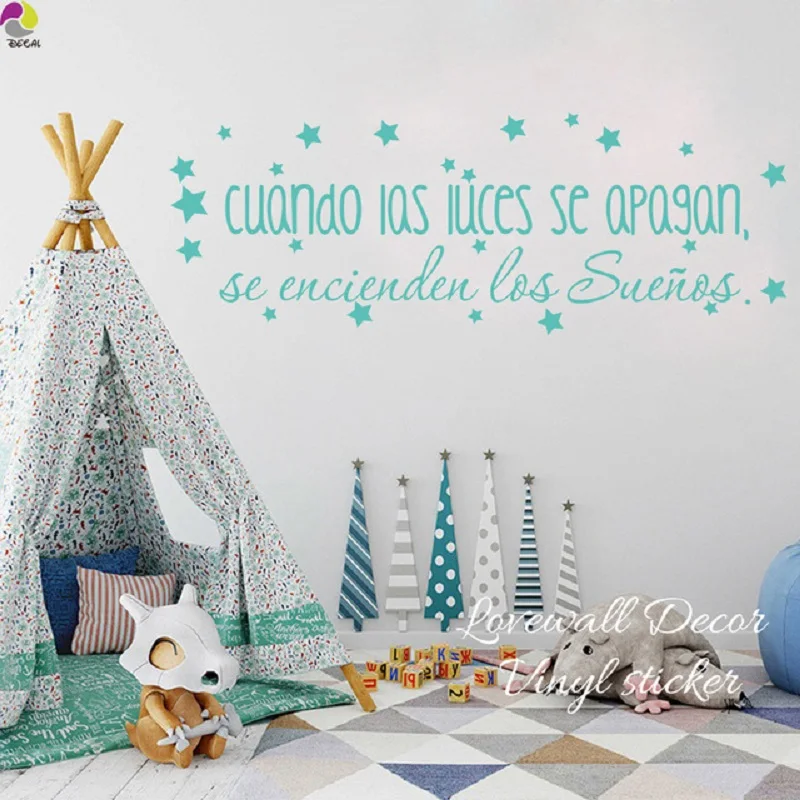 Vinyl Motivational Spanish Quote wall stickers When the lights go out Dreams come on Baby Nursery Home Decal Wall Decor | Дом и сад