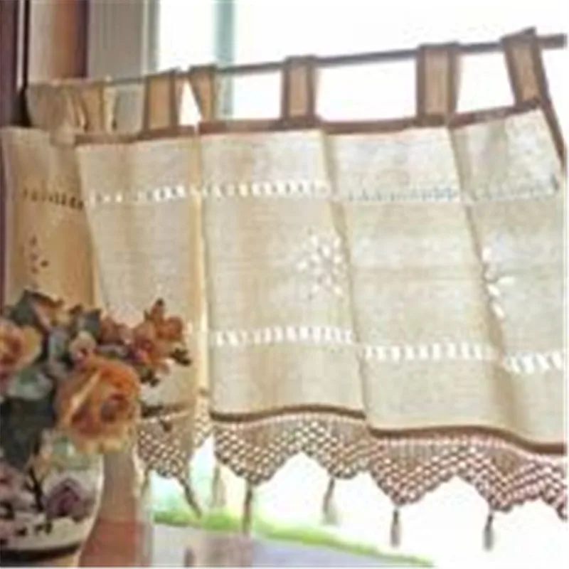 Image Cotton Linen Curtain Crochet Country Style Balcony Home Kitchen Linen Embroidery Decoration Cafe Curtain Restaurant Decor Drape