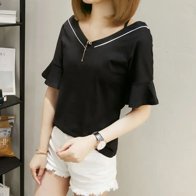 Women Summer Solid Color Loose Backless Fashion Hollow T-shirt Sexy V-Neck T Shirt Casual Simple Lotus Leaf Sleeve Tee Tops 
Women Summer Solid Color Loose Backless Fashion Hollow T-shirt Sexy V-Neck T Shirt Casual Simple Lotus Leaf Sleeve Tee Tops