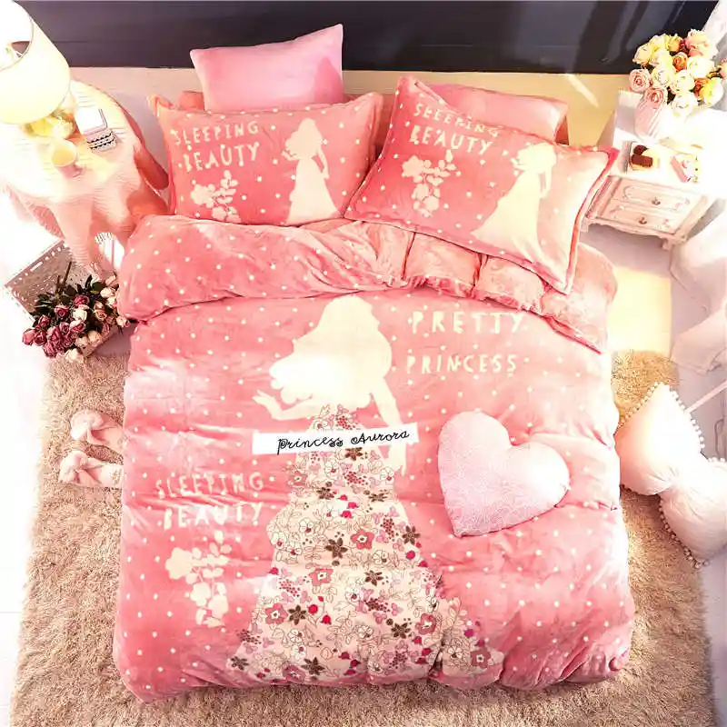 Romantic Pink Flannel Fleece Princess Comforter Bedding Sets Queen