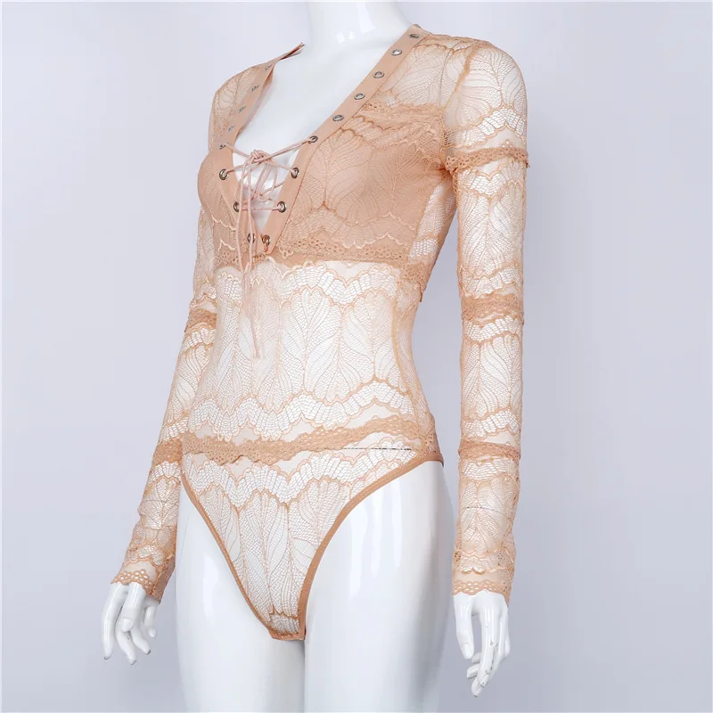 Women Lace-up Deep V transparent lacce bodysuit (14)