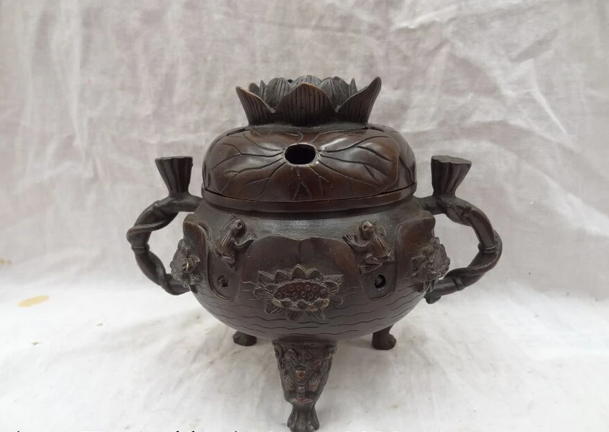 S5194 9" Folk Chinese Bronze Lotus Pond Frog Statue Lion Head Incense Burner Censer D0317
S5194 9" Folk Chinese Bronze Lotus Pond Frog Statue Lion Head Incense Burner Censer D0317