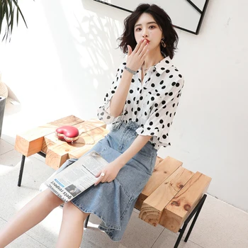 Casual Turn-down Collar Single Breasted Tops Polka Dot Batwing Sleeve Mid-calf Light Blue Jeans Skirts Fashion Women's Sets
Casual Turn-down Collar Single Breasted Tops Polka Dot Batwing Sleeve Mid-calf Light Blue Jeans Skirts Fashion Women's Sets