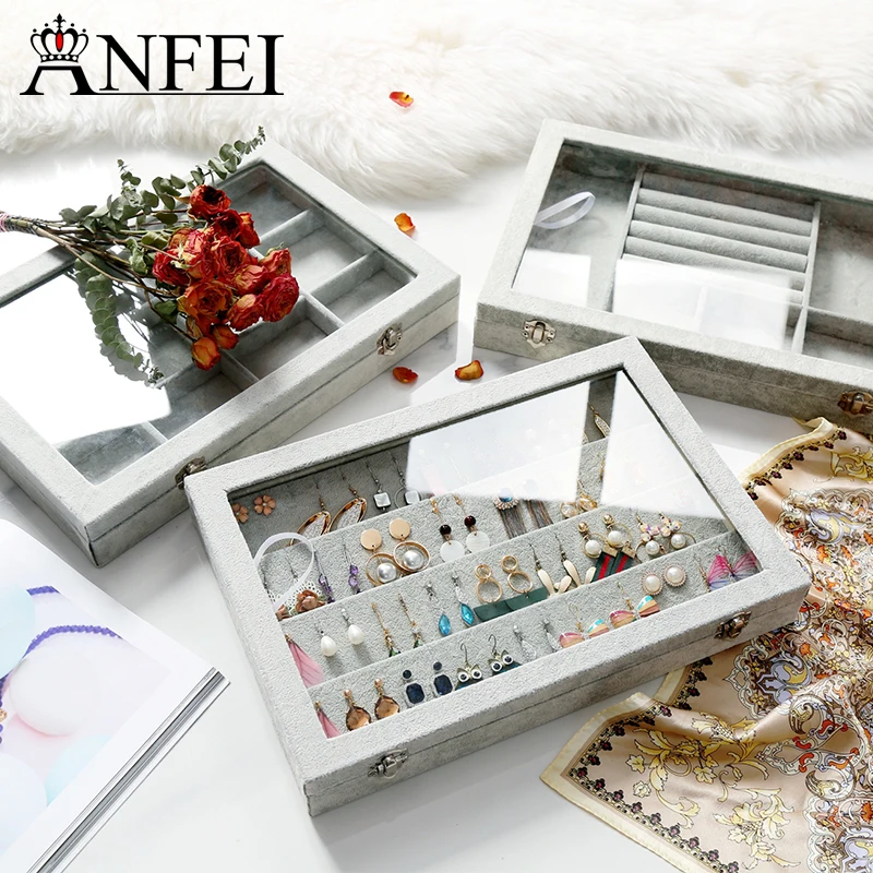 ANFEI Grey Linen Jewelry Display Case for Pendant/Ring Collection Showcase Tray with Glass Lid Shop Organizer Jewelry Box A255
ANFEI Grey Linen Jewelry Display Case for Pendant/Ring Collection Showcase Tray with Glass Lid Shop Organizer Jewelry Box A255