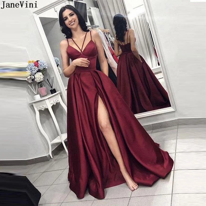

JaneVini Sexy Satin Long Burgundy Bridesmaid Dress with Pockets Spaghetti Straps High Split African A Line Wedding Guest Dresses
