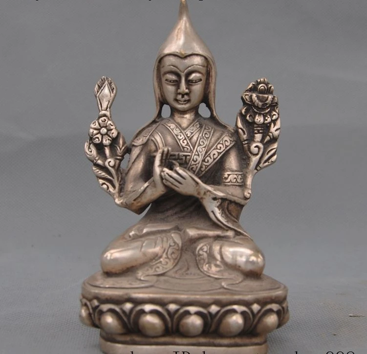

Old Tibet buddhism fane Silver Je Tsongkhapa Zongkapa Guru Lama Buddha Statue