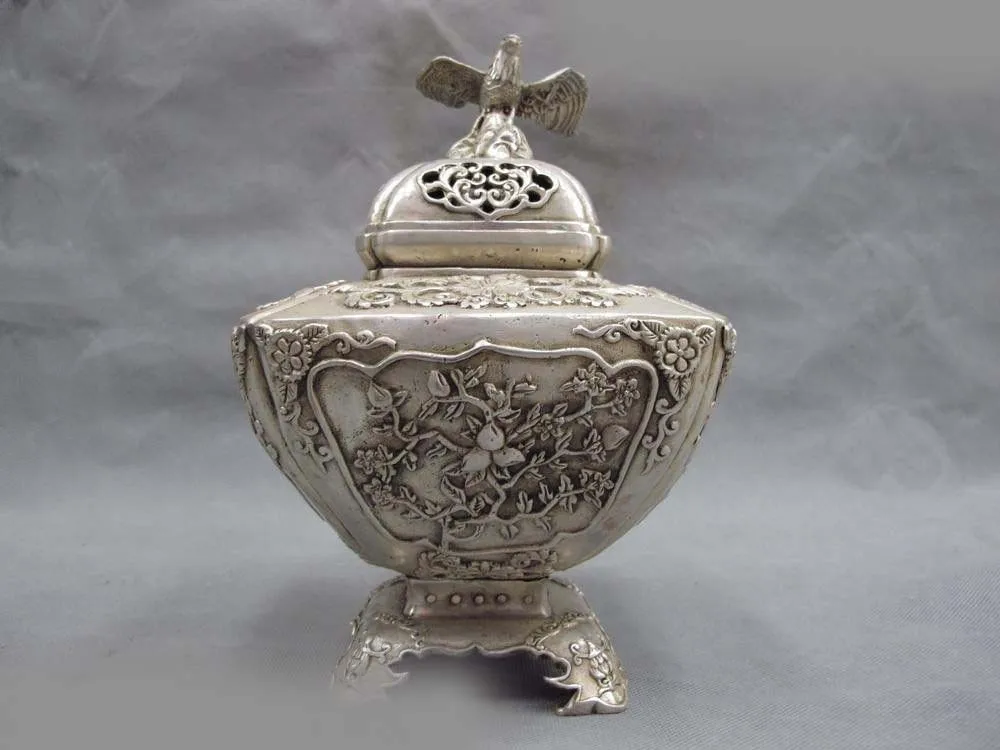 Chinese white Copper silver Eagle peach blossom flower incense burner censer SD 506
Chinese white Copper silver Eagle peach blossom flower incense burner censer SD 506