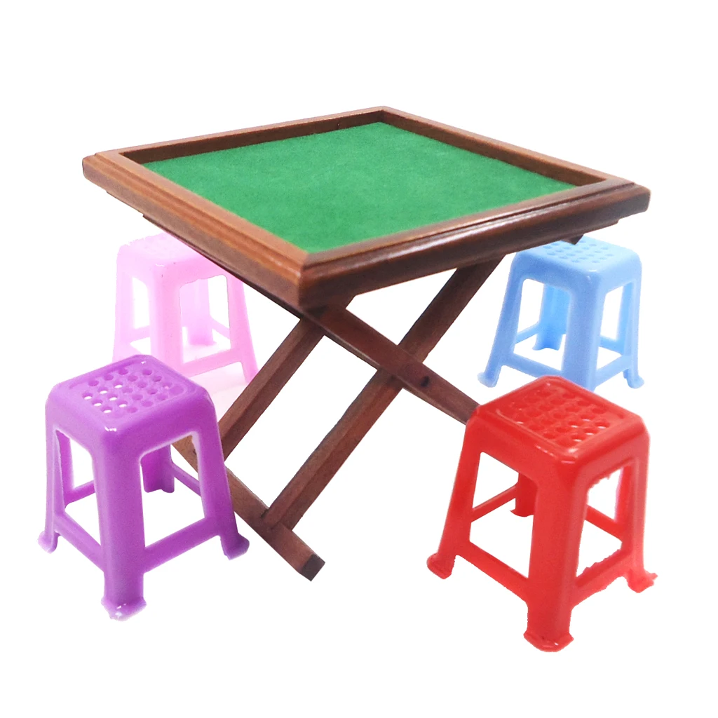 New 1/12 Scale Dollhouse Miniature MahJong Game Set with 4 Stools for 1:12 Dollhouse Decor Kids Toys Birthday Gift Collectibles