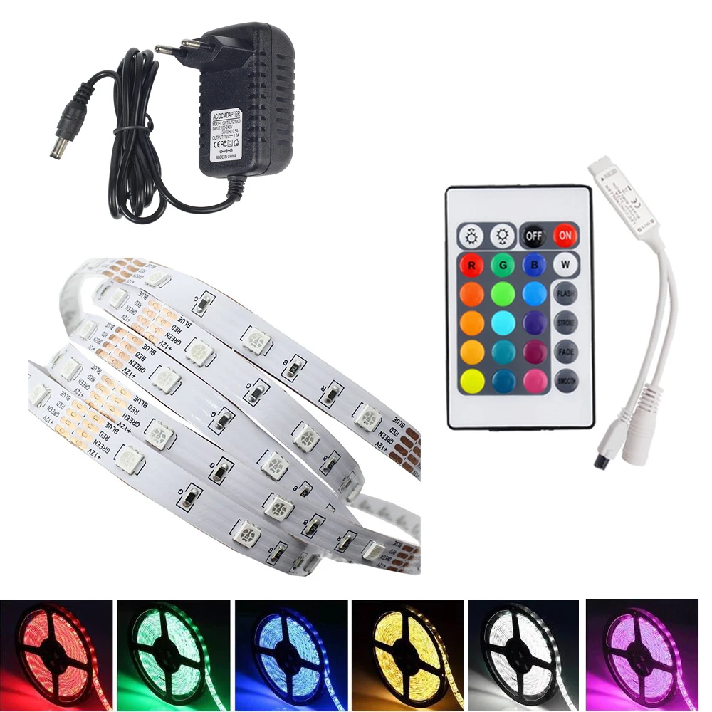 LED Strip Lights Flexible Ribbon 5050 RGB Stripe 5M Tape Diode With 24Key Mini Controller and LED Power Supply
LED Strip Lights Flexible Ribbon 5050 RGB Stripe 5M Tape Diode With 24Key Mini Controller and LED Power Supply