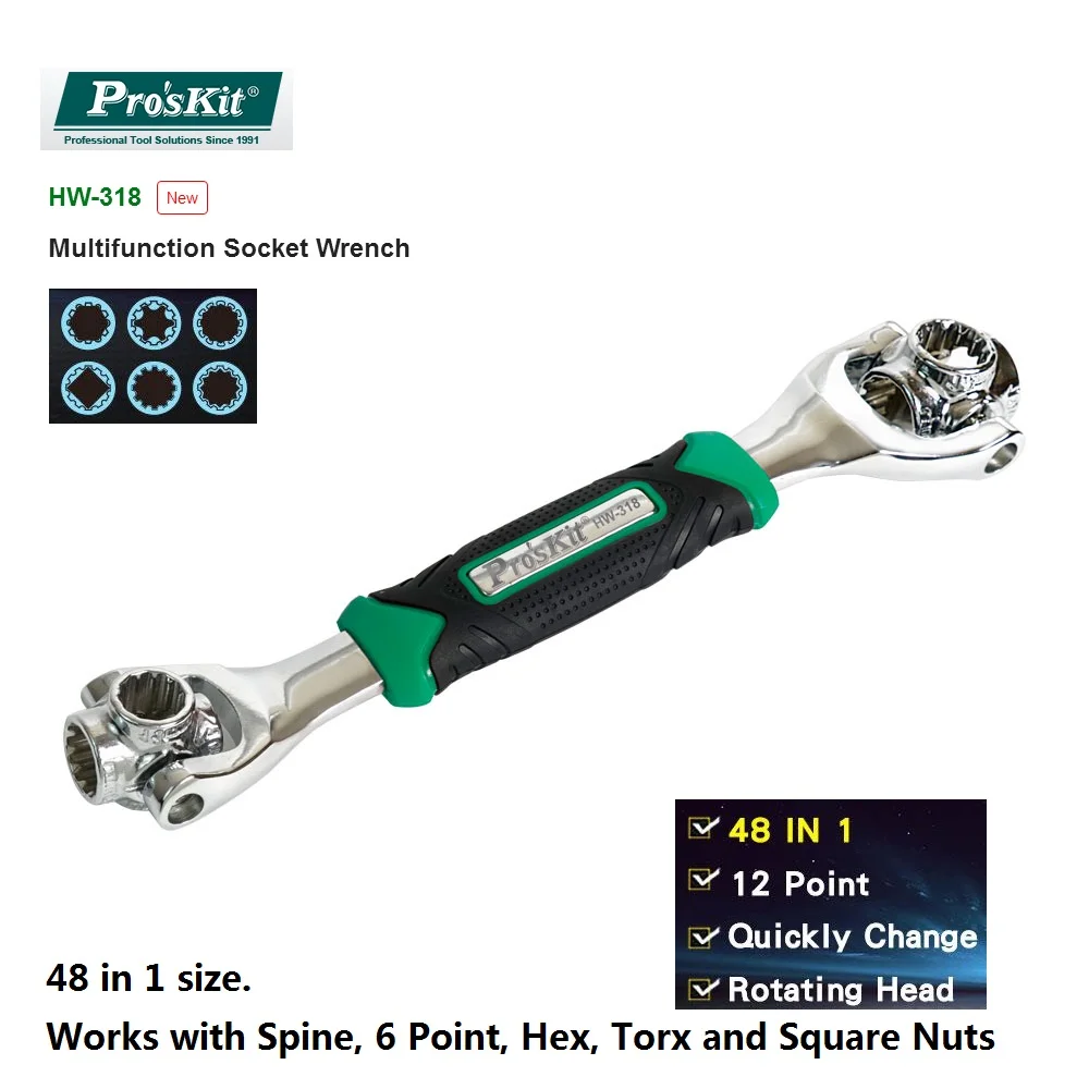 Pro'sKit HW-318 Multifunction Socket Wrench 48 in 1 Works with Spine, 6 Point, Hex, Torx and Square Nuts
Pro'sKit HW-318 Multifunction Socket Wrench 48 in 1 Works with Spine, 6 Point, Hex, Torx and Square Nuts