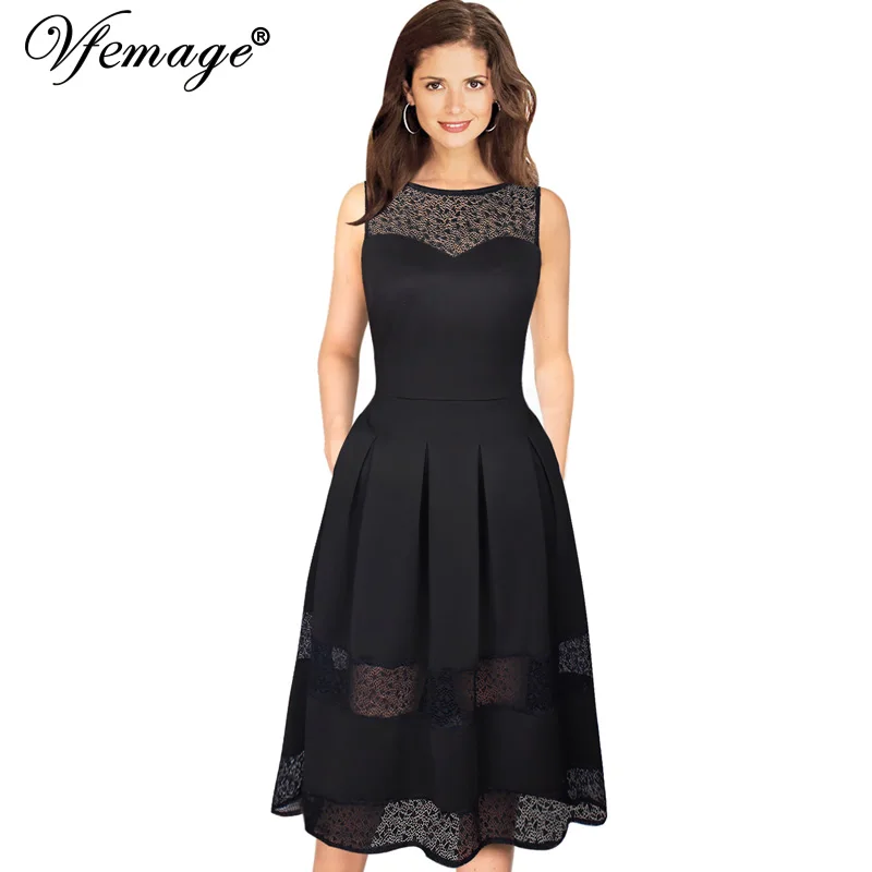 

Vfemage Women Sexy Elegant See Through Lace Patchwork Pocket Pleated Cocktail Party Casual Fit and Flare Skater A Line Dress 063