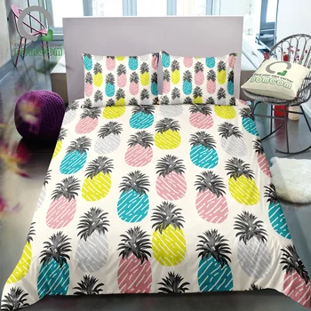 

BOMCOM 3D Digital Printing Tropical fruit seamless pattern blue pink yellow pineapples on white Duvet Cover Sets 100% Microfiber