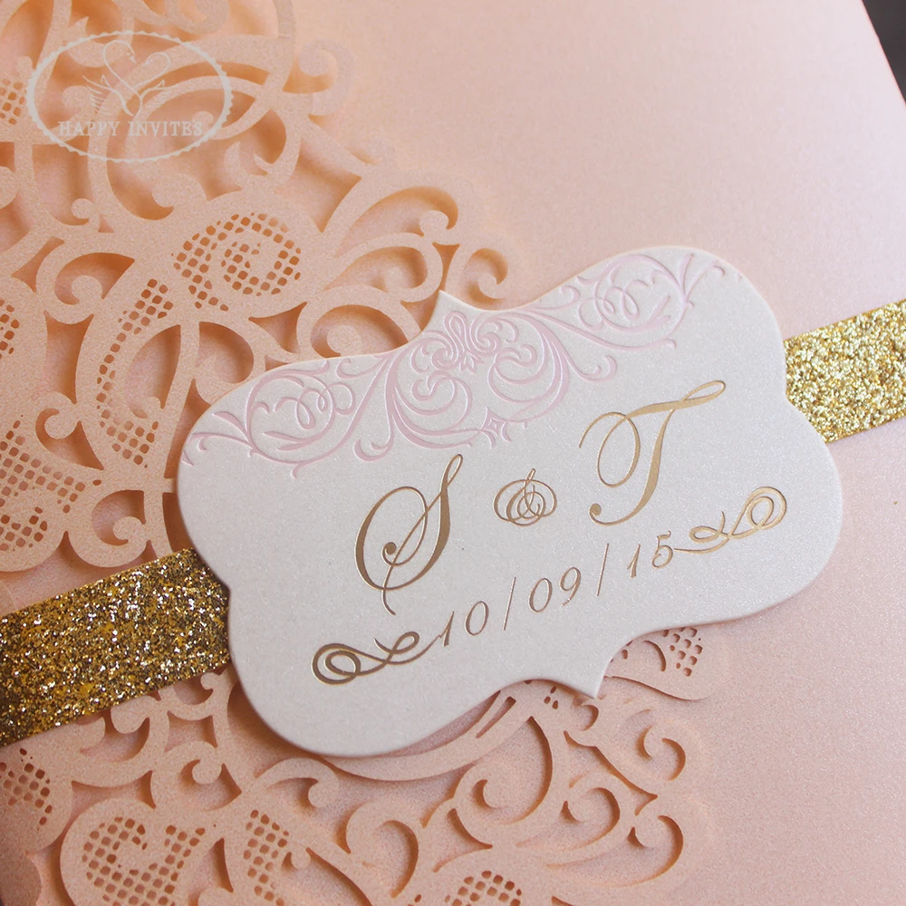 HI3047-04 Custom Pink Pocket Fold Wedding Invitation Card with Gold Foil Made in China