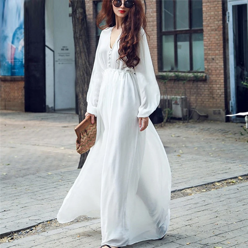 Sexy V-neck Long Sleeve Chiffon Dress White Elegant Women Casual Bohemian Party Dress Women Maxi Dress
Sexy V-neck Long Sleeve Chiffon Dress White Elegant Women Casual Bohemian Party Dress Women Maxi Dress