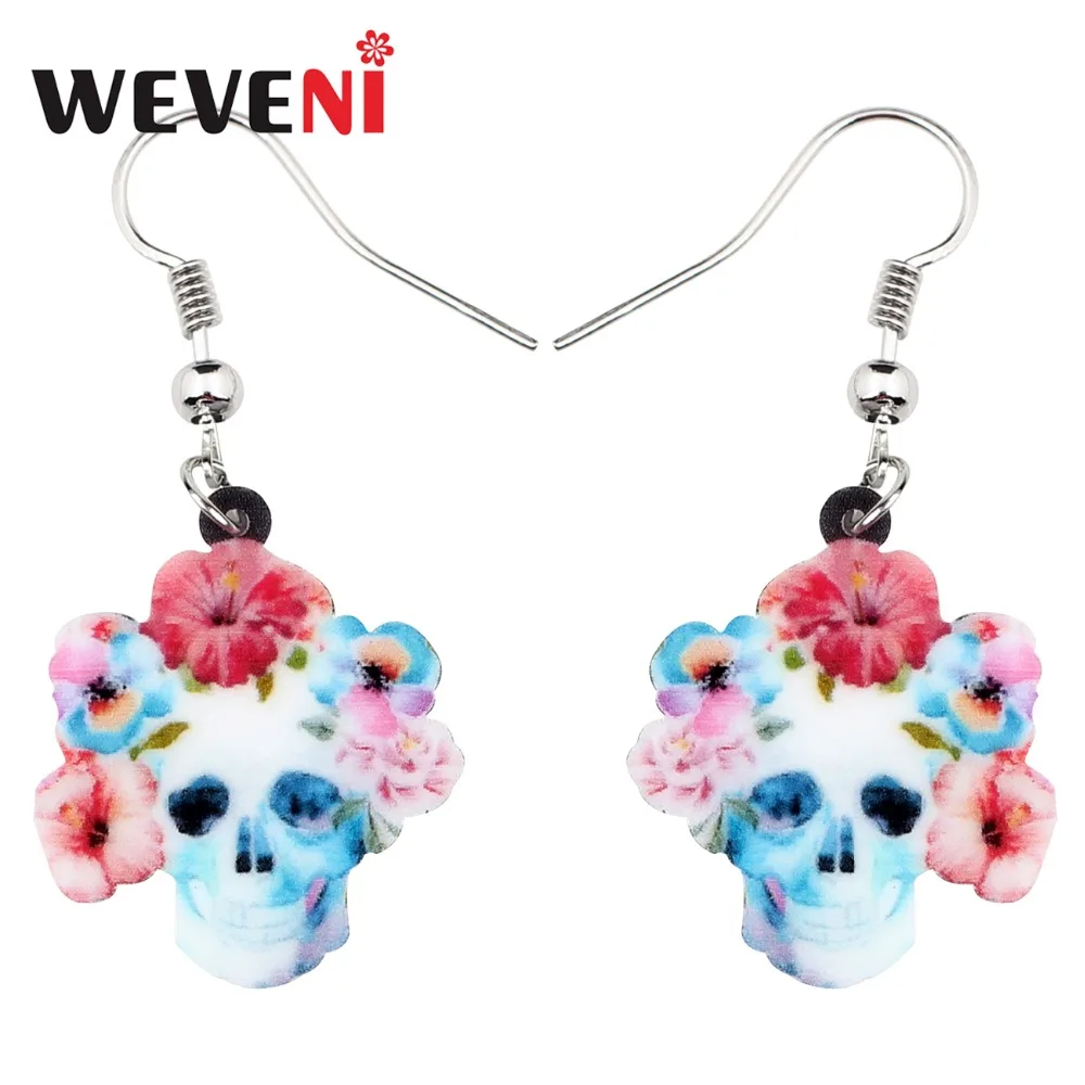 

WEVENI Original Acrylic Halloween Flower Skull Earrings Drop Dangle Trendy Punk Jewelry For Women Girls Brincos Charms Bijoux