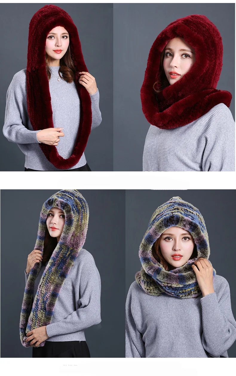 Hat Women 2017 New Knitted Real Rex Rabbit Fur Hat Hooded Scarf Winter Warm Natural Fur Hat With Neck Scarves (10)