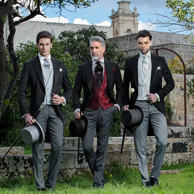 Custom made men suits black tailcoat grey vertical stripe pants floral vests peaked lapel suits for party prom wedding 3 pieces
Custom made men suits black tailcoat grey vertical stripe pants floral vests peaked lapel suits for party prom wedding 3 pieces