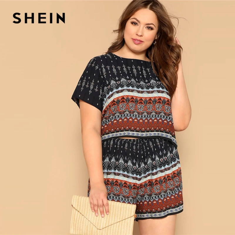 SHEIN Beach Multicolor Plus Geometric Print Top And Short Set Short Sleeve Co-Ord Women Spring Round Neck Elegant Twopiece
SHEIN Beach Multicolor Plus Geometric Print Top And Short Set Short Sleeve Co-Ord Women Spring Round Neck Elegant Twopiece