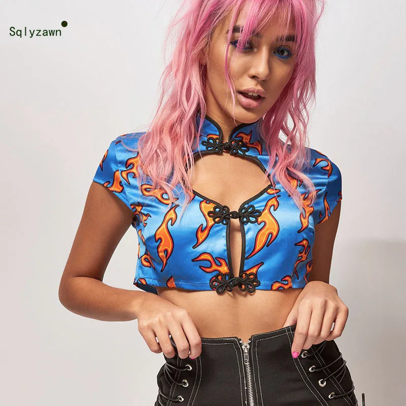 Women Chinese Style Sexy Hollow Out Blue Crop Tops Short Sleeve Red Printed Knot Buckle Button T Shirts Mandarin Collar Tees | Женская