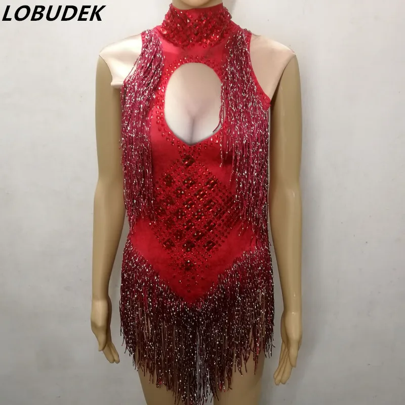 Red Rhinestones Tassels Bodysuit 5 Colors Crystals Sleeveless Skinny Jumpsuit Nightclub Women Sexy DJ DS Costume Dance Wears |