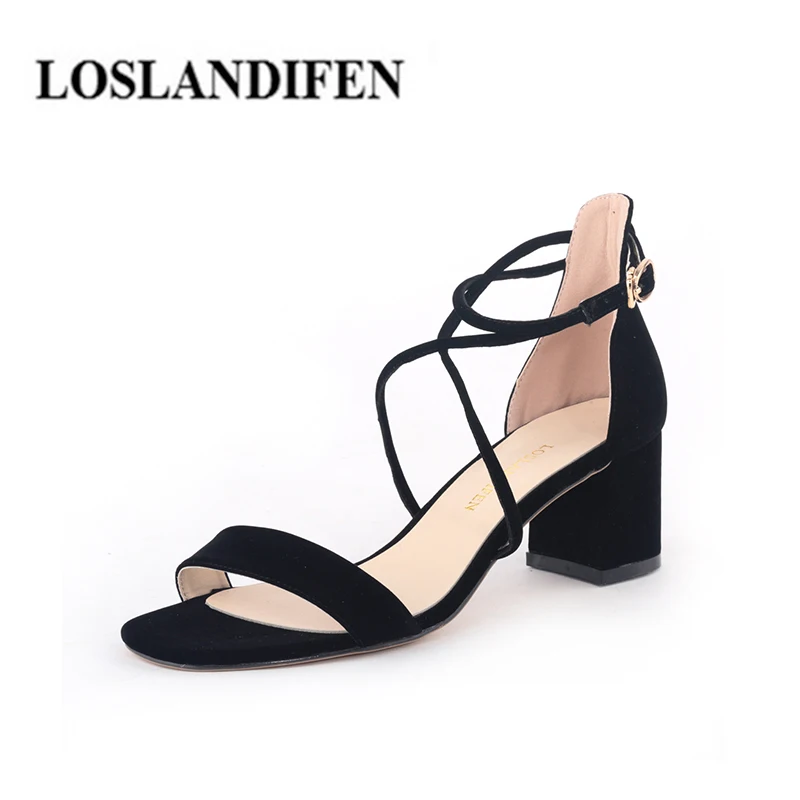 

LOSLANDIFEN Summer Shoes Women Faux Suede Square High Heel Sandals for Women Ankle Cross strap Cover Heel 60501R Black size35-42