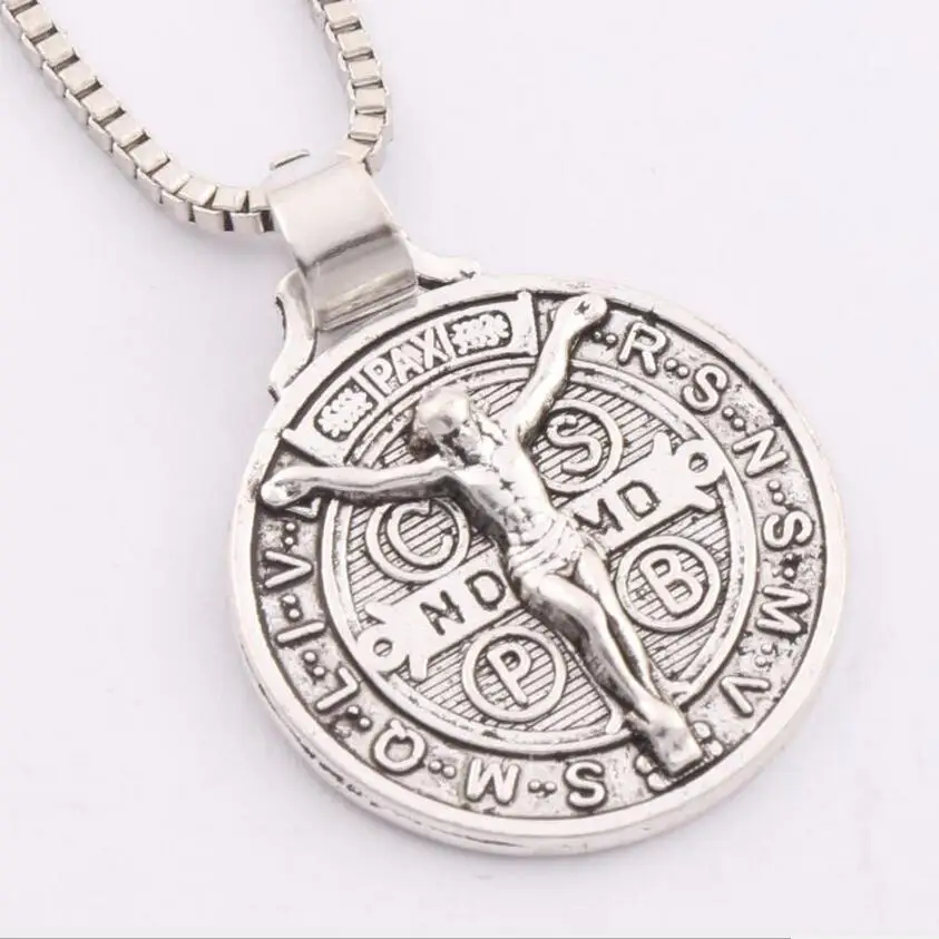 Image 24x21mm Antique Silver Saint Jesu Benedict Nursia Patron Medal Crucifix Cross Religious Pendant Necklaces 24 inches Chains N1658