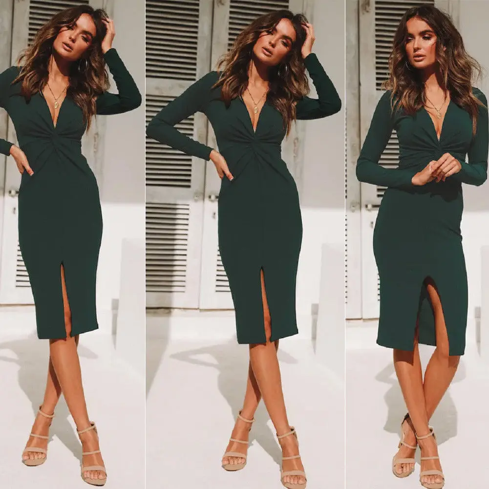 Fashion Women Ladies Slim Pencil Dress Autumn V-Neck Long Sleeves Solid Knee-Length Dress Elegant Women Dress
Fashion Women Ladies Slim Pencil Dress Autumn V-Neck Long Sleeves Solid Knee-Length Dress Elegant Women Dress