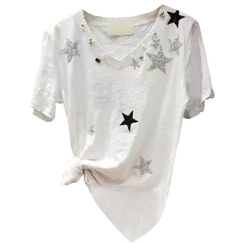 Korea Fashion Women's Tshirts 2019 New Spring Summer All-match Loose Cotton Tops Sequined Beads V Neck Students T-shirt Casual
Korea Fashion Women's Tshirts 2019 New Spring Summer All-match Loose Cotton Tops Sequined Beads V Neck Students T-shirt Casual