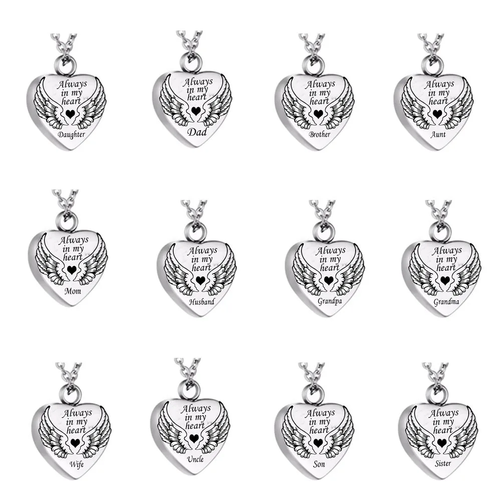 Stainless Steel "Always in My Heart" Cremation Jewelry angel wing Pendant Heart Necklaces Pets Ash Urns Keepsakes DAD and MOM
Stainless Steel "Always in My Heart" Cremation Jewelry angel wing Pendant Heart Necklaces Pets Ash Urns Keepsakes DAD and MOM