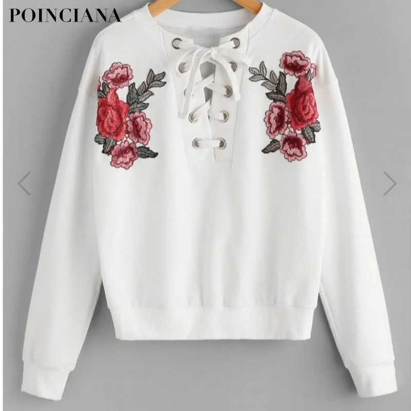 Embroidered Flower Patch Grommet Lace Up Sweatshirt Autumn Round Neck Pullovers White Long Sleeve Sweatshirt Leisure S071
Embroidered Flower Patch Grommet Lace Up Sweatshirt Autumn Round Neck Pullovers White Long Sleeve Sweatshirt Leisure S071