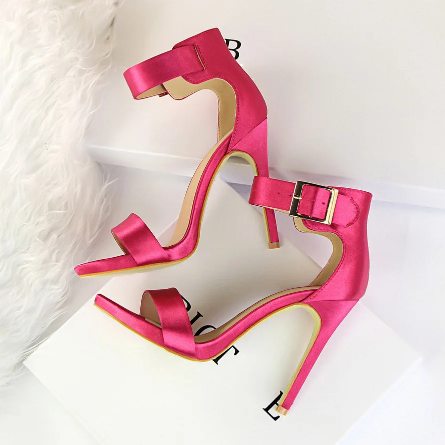 Women Newest Classic Satin 11cm High Heels Fetish Quality Silk Sandals Female Gladiator Summer Cheap Shoes Lady Green Sexy Pumps 18