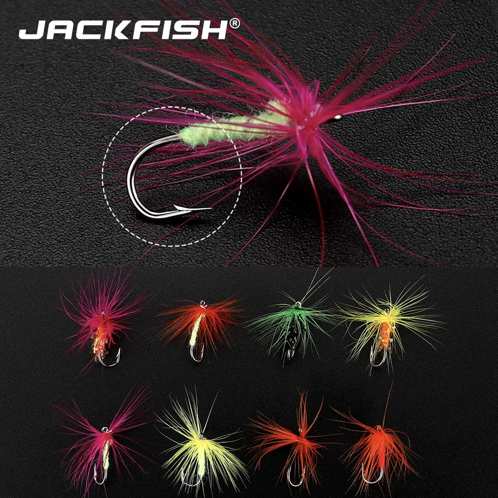 JACKFISH 40PCS/BOX Fishing Lure Set fly Insects 8 different Style Salmon Flies Trout Single Dry Fly Lures Tackle | Спорт и