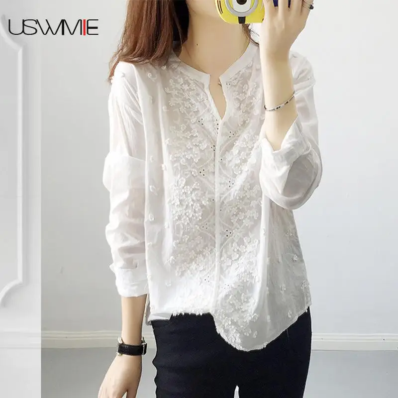 USWMIE 2018 Spring Fresh V-neck Long Sleeved Embroidered Snowflakes White Women Blouses Solid Color Loose Contracted Joker Tops
USWMIE 2018 Spring Fresh V-neck Long Sleeved Embroidered Snowflakes White Women Blouses Solid Color Loose Contracted Joker Tops