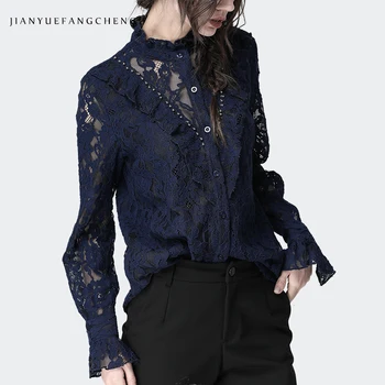 Lace Shirt Ruffles Blouse For Women Hollow Out Floral Beading Flare Long Sleeve Plus Size Single-breasted Cardigan Tops 2019 New 
Lace Shirt Ruffles Blouse For Women Hollow Out Floral Beading Flare Long Sleeve Plus Size Single-breasted Cardigan Tops 2019 New