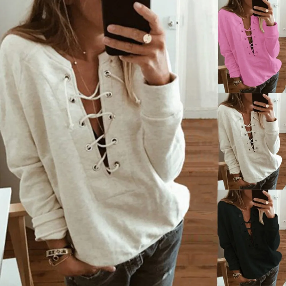 Women Fashion Solid Sweatshirt Sexy Eyelet Lace-up Deep V Long Sleeve Capless Sports baseball base versatile baseball shirt
Women Fashion Solid Sweatshirt Sexy Eyelet Lace-up Deep V Long Sleeve Capless Sports baseball base versatile baseball shirt