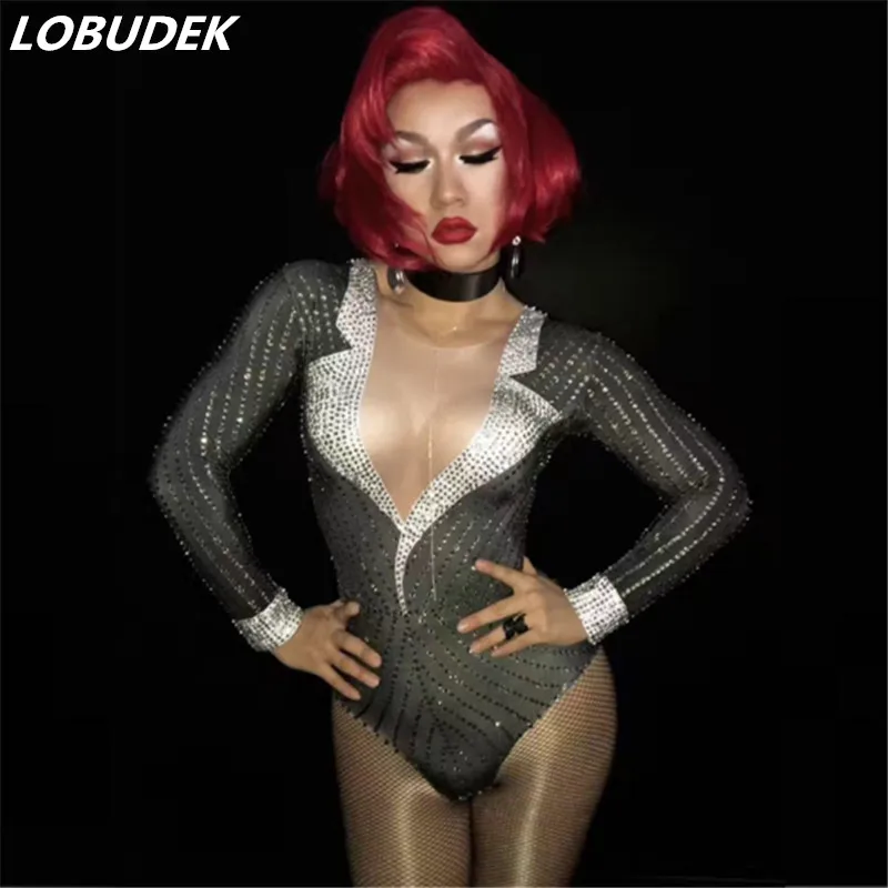 Long Sleeve Full Rhinestones Bodysuit Sexy Costume Black Crystals Skinny Leotard DJ Singer Show Stage Wear Nightclub Clothing |