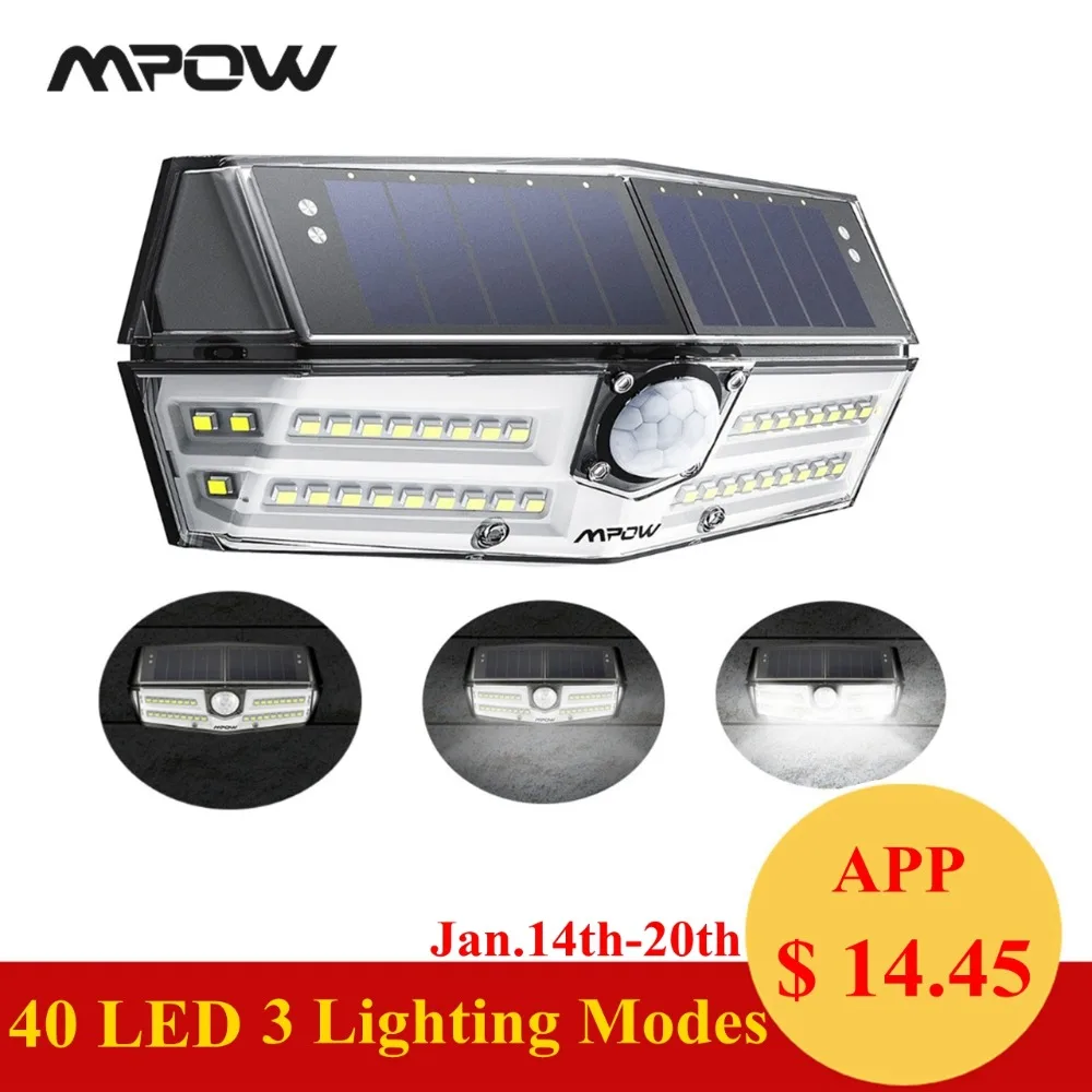 Mpow CD180 40 LED Outdoor Garden Solar Powered Lights With 3 Adjustable Light Models IP66 Waterproof 24.5% efficient Solar Panel
Mpow CD180 40 LED Outdoor Garden Solar Powered Lights With 3 Adjustable Light Models IP66 Waterproof 24.5% efficient Solar Panel