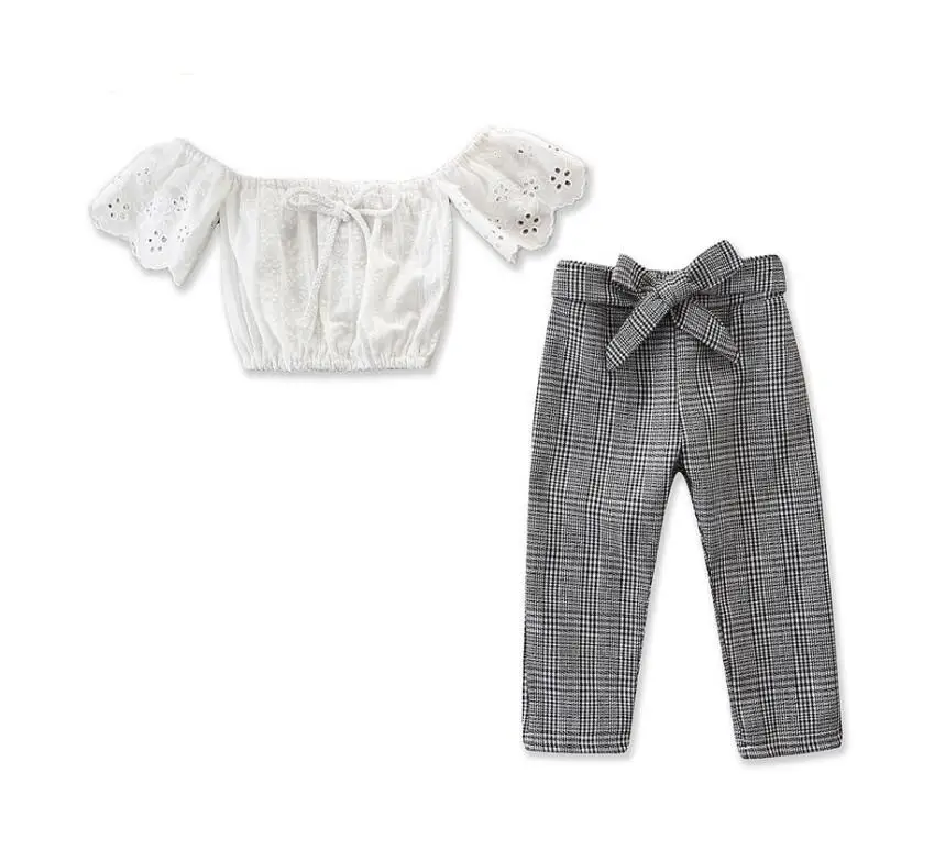 2019 Newly Toddler Kids Baby Girl Summer Fashion 2PCS Short Sleeve Off Shoulder Lace Tops Plaid Pants Leggings Outfits Sunsuit
2019 Newly Toddler Kids Baby Girl Summer Fashion 2PCS Short Sleeve Off Shoulder Lace Tops Plaid Pants Leggings Outfits Sunsuit