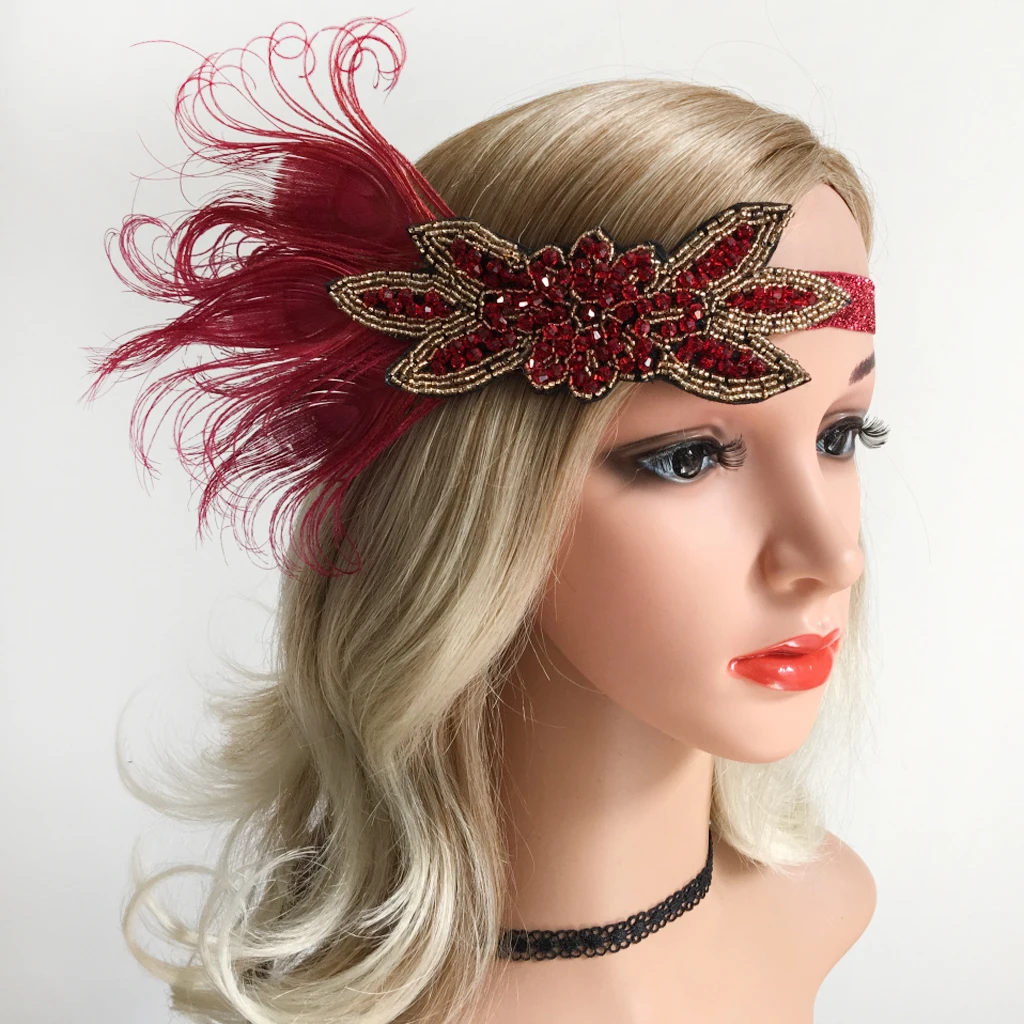 Ladies Women Retro Wine Red Feather Flapper Headband Roaring 20s Headpiece 1920s Cosplay Costume Hairband