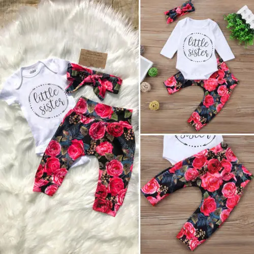 Sister Newborn Baby Girls clothes letter Cotton Romper+ Flower Pants Leggings +headband Outfits Clothes set 3pcs
Sister Newborn Baby Girls clothes letter Cotton Romper+ Flower Pants Leggings +headband Outfits Clothes set 3pcs