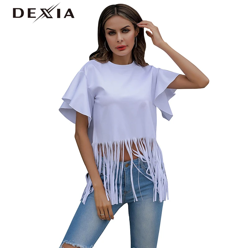 DEXIA Summer Eleagnt Sexy Tassel Blouse Women Party Shirts Solid Short Flare Sleeve Round Neck Loose Long White Shirt Femme
DEXIA Summer Eleagnt Sexy Tassel Blouse Women Party Shirts Solid Short Flare Sleeve Round Neck Loose Long White Shirt Femme