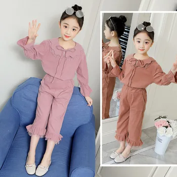 Spring 2019 New Girl's Stripe Wave Lace Neck Doll Top Children's Wide-legged Trousers Two-piece Suit 
Spring 2019 New Girl's Stripe Wave Lace Neck Doll Top Children's Wide-legged Trousers Two-piece Suit