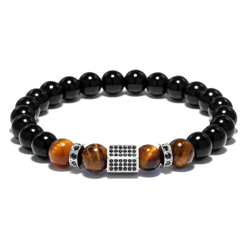 Bracelet à breloques pavé pour hommes, perles en pierre naturelle hexagonale CZ noires, bijoux 2