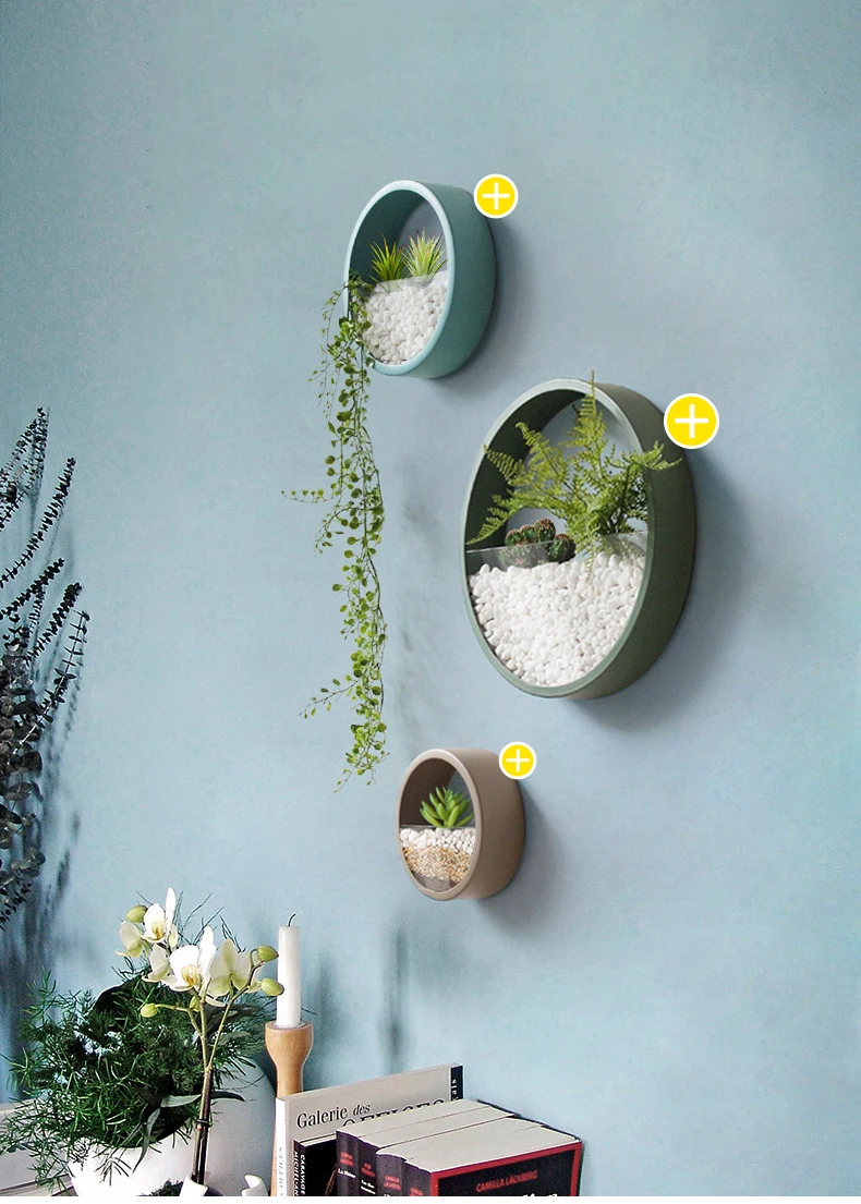 Wall Vase Metal Iron Art Solid Color Round Vase Artificial Flower