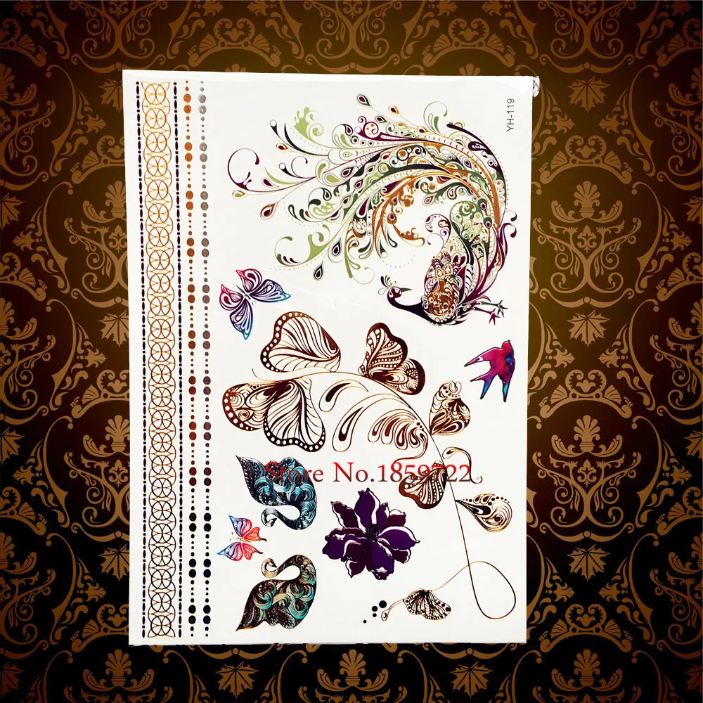 New Arrival Peacock Henna Gold Flower Temporary Tattoo Stickers HY119 Women Flash Metallic Waterproof Tattoo tatouage taty Tatoo
New Arrival Peacock Henna Gold Flower Temporary Tattoo Stickers HY119 Women Flash Metallic Waterproof Tattoo tatouage taty Tatoo