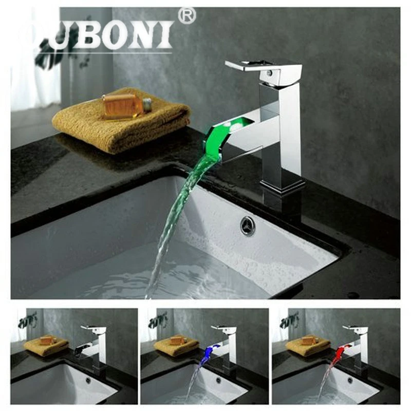 

OUBONI New Chrome LED Basin Faucet Water Tap L-16 Sink Mixer Waterfall Vanity Vessel Sinks Mixers Taps Faucets Bathroom Torneira